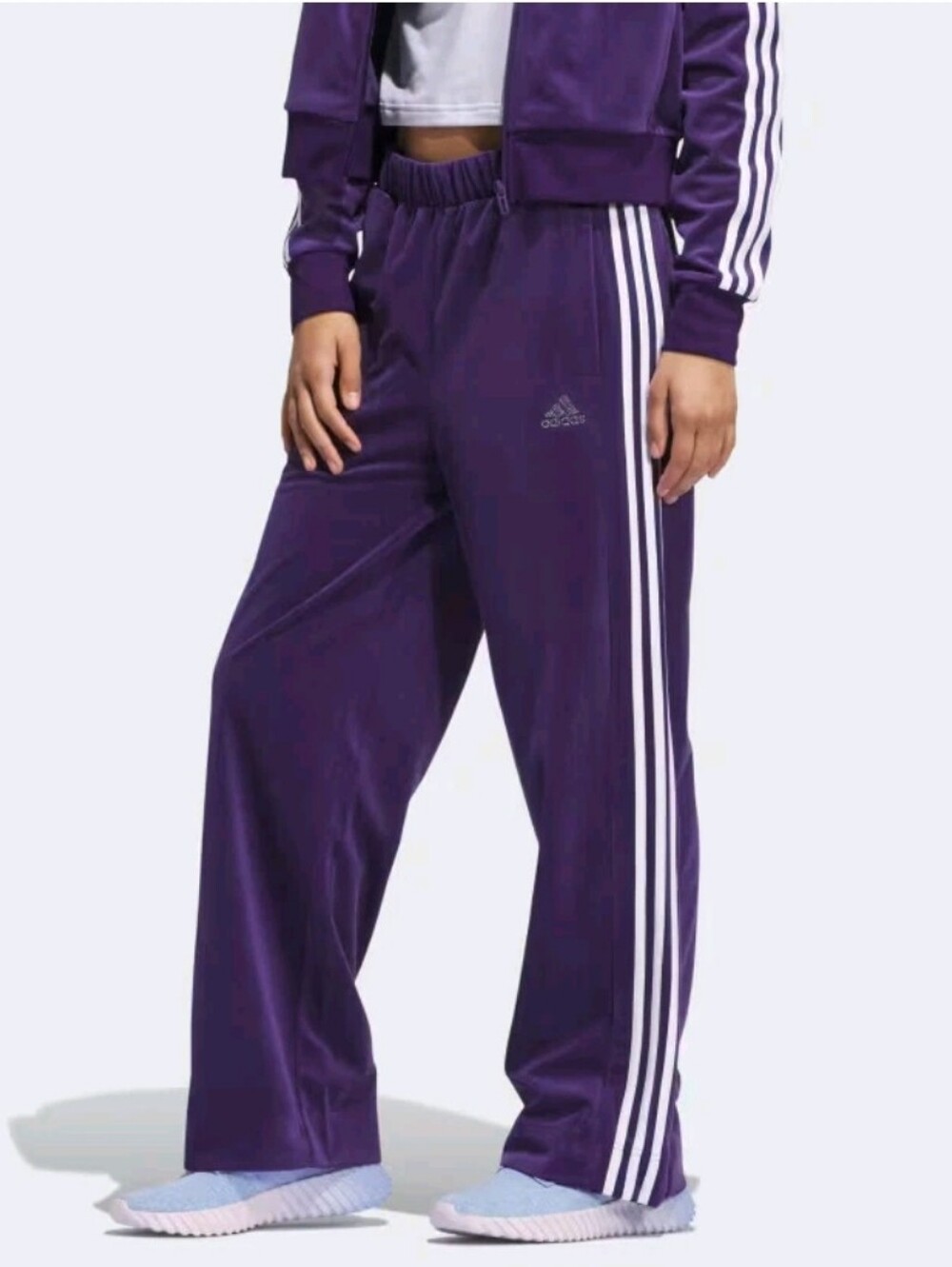 Adidas Velour Track Pants Medium Purple 3 Stripe Wide Leg Drawstring Women's